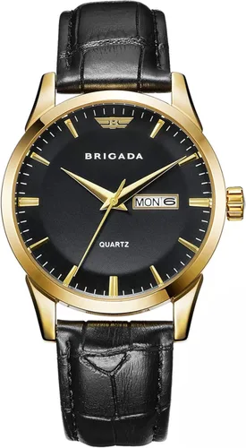 BRIGADA Relojes para hombre de la marca suiza clásico reloj de vestir dorado para hombre con calendario de fecha, cuarzo casual de negocios,