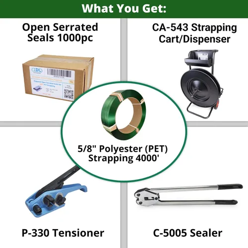 Miniatura 3 de IDL Packaging - PET-B-58-D Kit de flejado de poliéster de 5/8", estándar con dispensador - Todo lo que necesitas para atar un palet