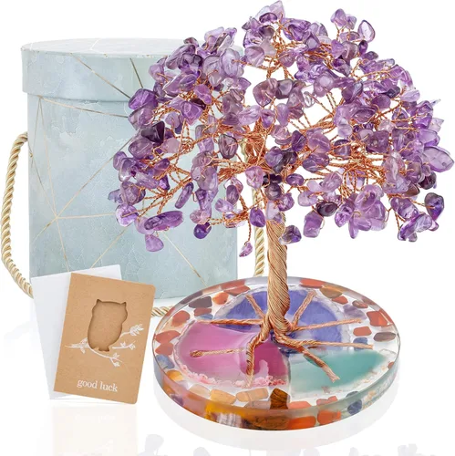 ZenBless Árbol de 7 piedras curativas de chakra, hojas de amatista envueltas en alambre sobre base de rebanadas de ágata natural, decoración de Feng