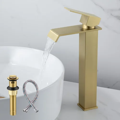 Miniatura 8 de Grifo de Lavabo Negro y Dorado, Grifo de Baño Alto de Un Solo Agujero, Hecho de Acero Inoxidable SUS304 Moderno, Incluye Drenaje Desplegable