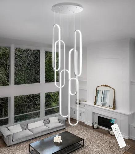 Miniatura 18 de Candelabros LED modernos para entrada de vestíbulo, techo alto, lámparas de escalera largas, regulables, montaje empotrado, alto recibidor, Negro