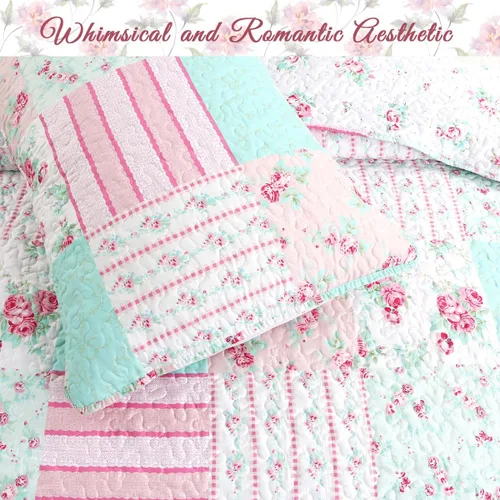 Miniatura 3 de Cozy Line Home Fashions - Juego de ropa de cama, colcha reversible con dulce estampado floral durazno y rosa claro en 3D con parches reales 100 %