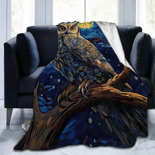 Miniatura 4 de Manta de búho para adultos y niños, regalos para los amantes de los búhos, manta de franela con pintura de cielo estrellado azul, suave, cómoda