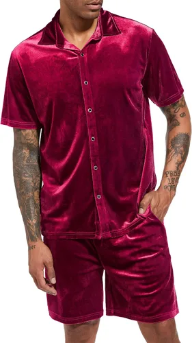 Miniatura 68 de LecGee Conjunto de pantalones cortos casuales de verano para hombre, camisa de terciopelo de manga corta con botones, pantalones cortos de cintura