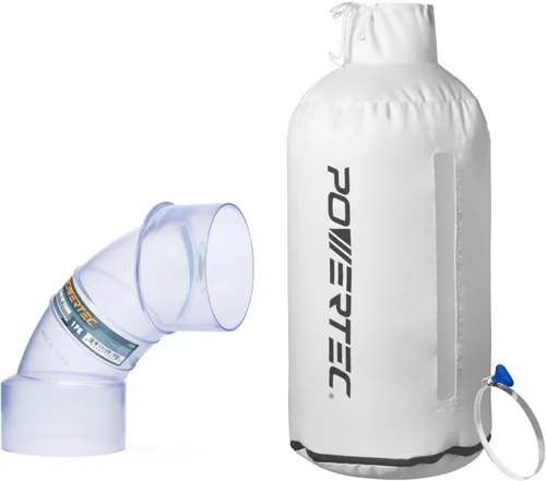 POWERTEC 70474 - Bolsa colectora de polvo y codo de 90 grados ID/OD de 4 pulgadas, filtro de 30 micrones con abrazadera de manguera de llave de 4