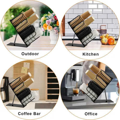 Miniatura 6 de Soporte de metal para tazas y tapas, dispensador de taza de café con 4 compartimentos, soporte para taza de café negro para encimera, organizador