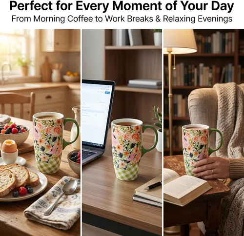 Miniatura 7 de Topadorn Taza de viaje de cerámica de 17 onzas con tapa, rosa acuarela y flores a cuadros, resistente a derrames, apta para microondas y Verde & Rosa