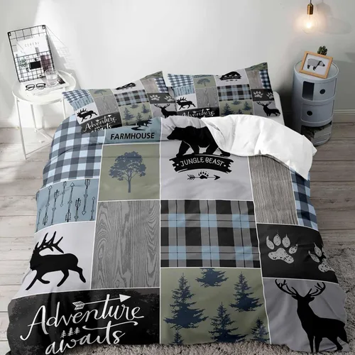 Miniatura 9 de LUVIVIHOME Juego de funda de edredón de 2 piezas, diseño de oso y alce, ciervo, ciervo, ropa de cama de cabaña, ropa de cama rústica de granja