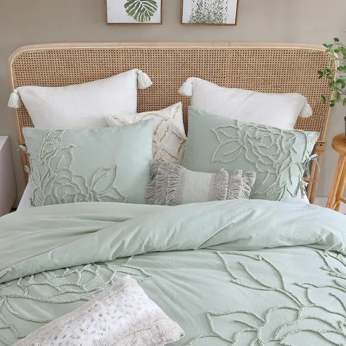 Miniatura 4 de Peri Home Juego de edredón y fundas de almohada de 3 piezas, 100% algodón, color verde chenilla rosa, matrimonial/queen