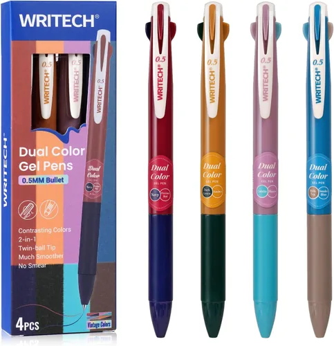 WRITECH Bolígrafos de gel retráctiles: Multicolor de 0.5mm de punta fina 2 en 1 bolígrafo de clic colorido surtido de 4 unidades sin manchas y sin