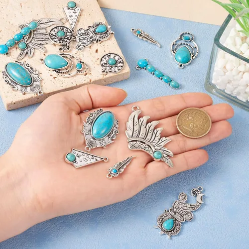 Miniatura 6 de 16 dijes occidentales de 8 estilos para hacer joyas, dijes vintage de turquesa de plata antigua, estilo tibetano, para mujeres y hombres, aretes