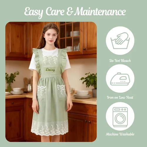 Miniatura 4 de Delantal vintage para mujer con bolsillos, delantales de chef personalizados con nombre para cocina, cocción, hornear, jardinería Encaje Menta