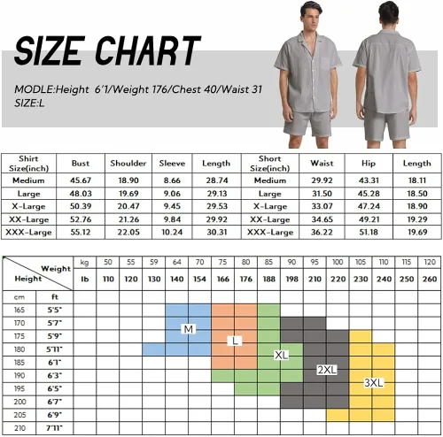 Miniatura 6 de RPOVIG Conjunto corto de camisa de lino conjunto casual de 2 piezas con botones para hombre, Gris