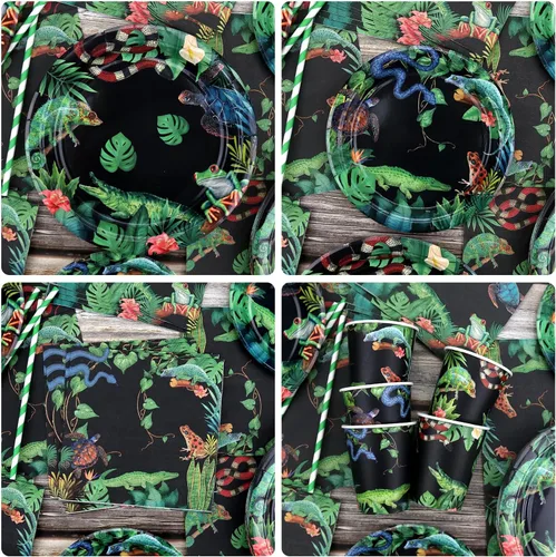 Miniatura 4 de KEFAN Decoraciones de fiesta de reptiles, lagartos de vida silvestre, serpientes, cocodrilos, suministros de vajilla para fiesta, incluyendo Fondo