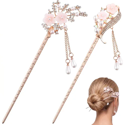 2 piezas de diamantes de imitación perla flor palillos chinos pelo palillos vintage borla pelo pin chignon pin peinado hacer accesorios para mujeres