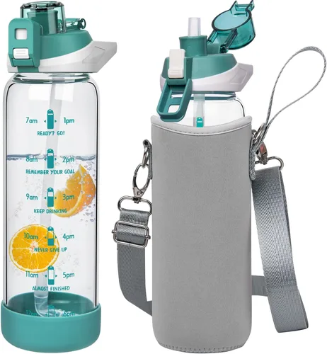Miniatura 16 de Botella de agua deportiva de vidrio de 32 onzas con popote y marcador de tiempo, botella de vidrio motivacional reutilizable grande para agua Rosa