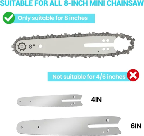 Miniatura 5 de Cadenas de motosierra de 8 pulgadas, hojas de motosierra 3 piezas, paso LP de 1/4 pulgadas, calibre de 0.043 pulgadas, 46 eslabones de transmisión