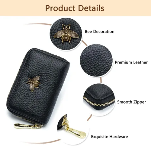 Miniatura 5 de imeetu Soporte para tarjetas de crédito RFID, cartera pequeña de cuero con cremallera para mujer