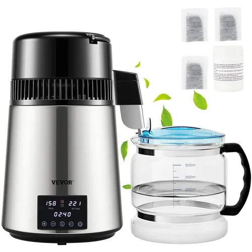 VEVOR Destilador de agua de 1.1 galones, 0.4 galones/h, máquina purificadora de agua destilada 1750W con temporizador de 0-99H, pantalla de Plateado