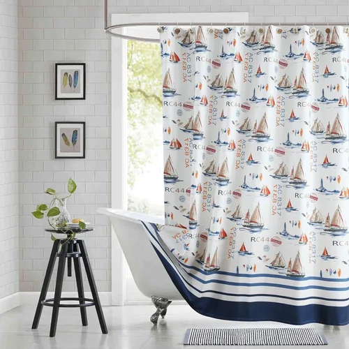 Miniatura 19 de Cortina de ducha náutica, cortina de ducha azul marino y blanca para cubículo de 54 x 72, cortinas de ducha de tela con estampado de ancla y velero