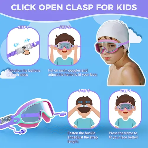 Miniatura 5 de Paquete de 3 gafas de natación para niños, con tapones para los oídos, marco grande, antivaho, UV, visión amplia, para niños y niñas de 4 a 12 años