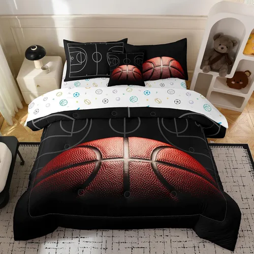Miniatura 8 de Bodhi Juego de edredón en blanco y negro, juego de ropa de cama de baloncesto deportivo tamaño Queen para niños, juego de edredón de baloncesto
