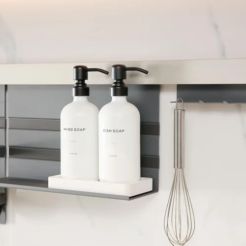 Miniatura 4 de Prus Waso Juego de dispensador de jabón de cocina, dispensador de jabón blanco con bomba de acero inoxidable negro, perfecto para decoración moderna