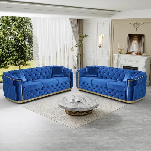 Miniatura 14 de DAMAIFROM Juego de sofá de terciopelo de lujo beige y dorado, moderno de mediados de siglo, sofás Chesterfield copetudos y patas doradas, juego de 2