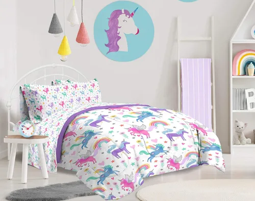 Miniatura 6 de Jay Franco Unicorn Rainbow Juego de cama individual de 4 piezas, incluye edredón y juego de sábanas, microfibra súper suave resistente a la Blanco
