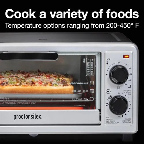 Miniatura 7 de Proctor Silex Horno tostador de encimera de 4 rebanadas, multifunción con hornear, tostadas y asadores, 1100 vatios, temporizador de 30 minutos