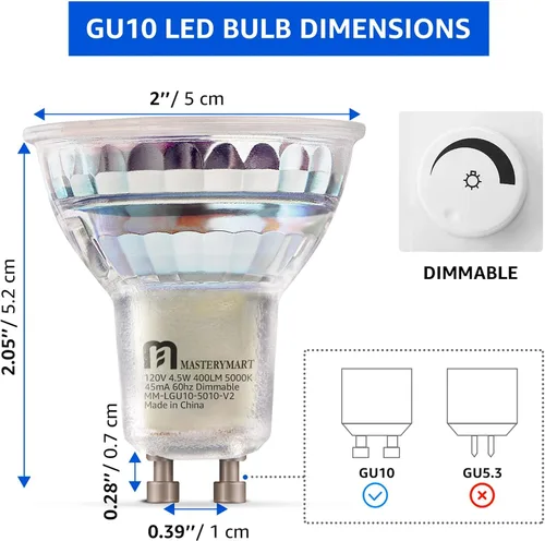 Miniatura 5 de MASTERY MART Bombillas LED GU10 de 4.5 W, certificación UL, certificado Energy Star, 5000 K blanco suave, regulable, 18 unidades (paquete de 1)