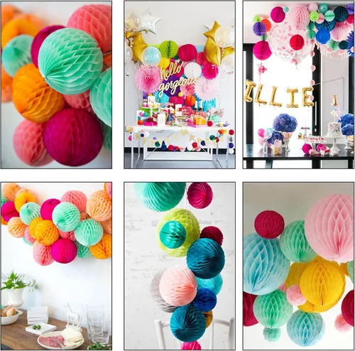 Miniatura 5 de ZOOYOO 12 piezas 15 cm 25 cm bolas de panal decorativas de papel de seda con pompones colgantes para cumpleaños, baby shower, boda, compromiso, Azul