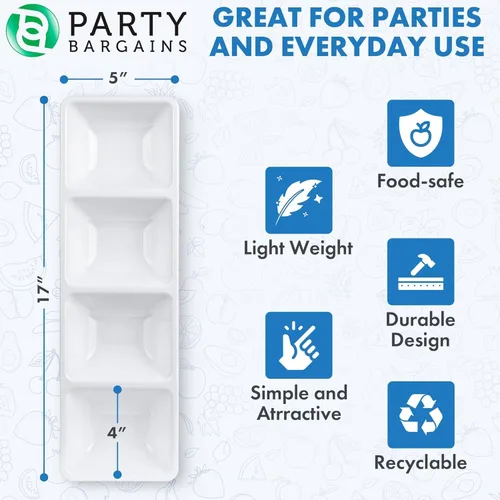 Miniatura 3 de Party Bargains Bandeja rectangular seccional desechable blanca (paquete de 4) de 5 x 16 pulgadas. Bandeja de plástico con 4 compartimentos