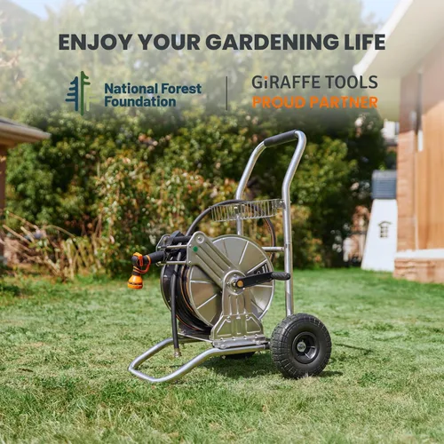 Miniatura 6 de Carro portamangueras de jardín Giraffe Tools con ruedas, carrito de manguera de agua de acero inoxidable resistente, capacidad de 200 pies de 1/2