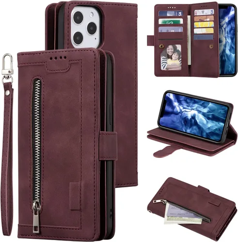 Miniatura 18 de UEEBAI Funda tipo cartera para iPhone 12 Mini de 5.4 pulgadas, retro 9 ranuras para tarjetero, bolsillo con cremallera, cierre magnético, función