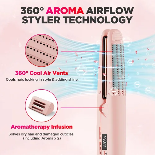 Miniatura 3 de MiroPure Plancha rizadora de flujo de aire de 360°, plancha plana de titanio 2 en 1, varita de curado profesional con aroma iónico aire frío, 13