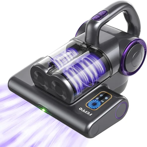 FEPPO Aspiradora de colchón, aspiradora de cama de 16 Kpa con luz UV-C de 253.7 nm, calor de 140 °F, filtro HEPA y ultrasónica, aspiradora de mano