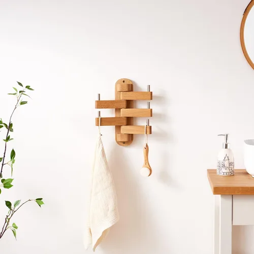 Miniatura 6 de Perchero giratorio de roble con ganchos para abrigos, ganchos de pared de madera con 5 brazos plegables giratorios, perchero de pared de 30 cm