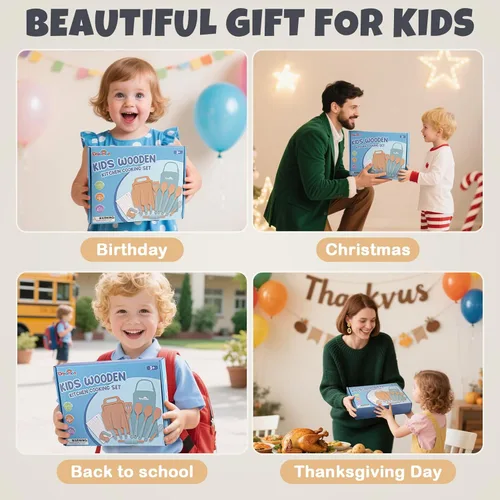 Miniatura 11 de Juego de Cocina de Madera para Niños de 29 Piezas, Herramientas de Cocina y Hornear Montessori para Niños Pequeños para Cocina Real, 3 Cuchillos