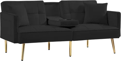 Miniatura 6 de Moderno sofá cama biplaza de terciopelo con 2 bolsillos, sofá cama convertible tapizado con respaldo múltiple ajustable, futón con patas doradas