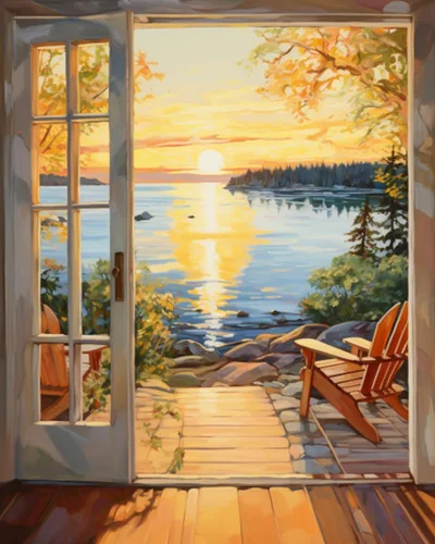 Tucocoo Bumbers - Pintura de paisaje de puerta para adultos, paisaje de lago, pintura por números, pintura acrílica, lienzo junto al lago, plantas