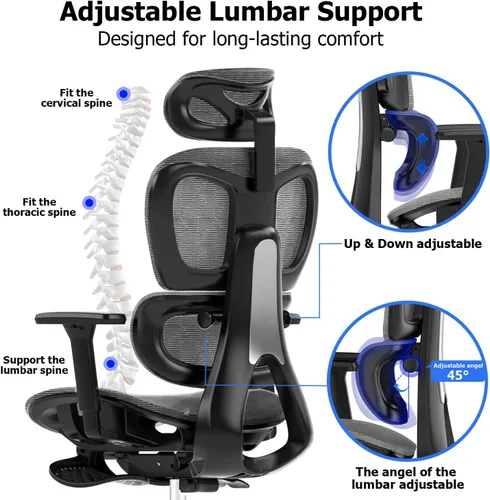Miniatura 6 de PatioMage Silla de oficina ergonómica, silla de escritorio grande y alta con soporte lumbar ajustable y profundidad del asiento, silla de Gris oscuro