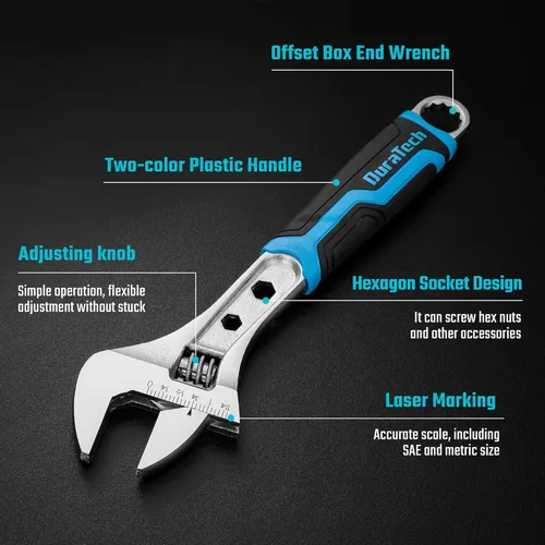 Miniatura 2 de DURATECH - Llave ajustable de 10 pulgadas, llave combinada 3 en 1 con extremo en caja/función hexagonal, acero CR-V, escalas métricas y SAE