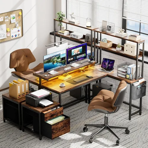 Miniatura 2 de REAHOME Escritorio en forma de L de 70 pulgadas con cajones de archivos y estantes de almacenamiento reversibles, escritorio de computadora con toma