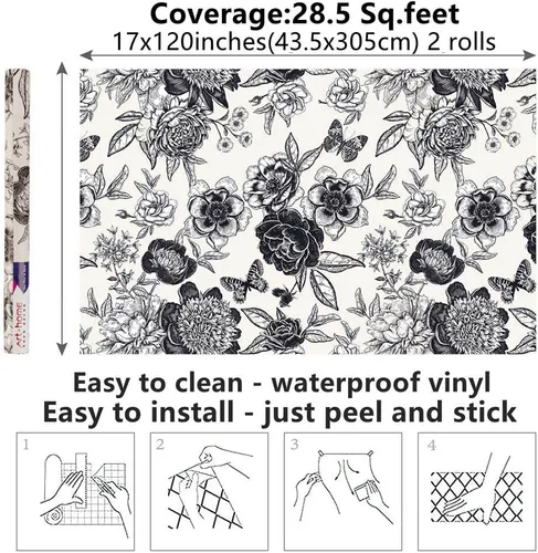 Miniatura 6 de Arthome - Papel tapiz autoadhesivo de 17 x 240 pulgadas, papel de contacto floral con rosa negra, papel de pared de vinilo vintage, película