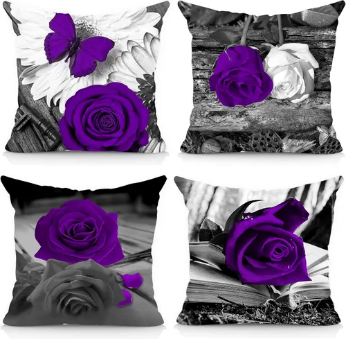 Juego de 4 fundas de almohada de flores de 18 x 18 pulgadas, fundas decorativas para sofá y cama, color gris oscuro, negro, floral, cuadrada, de