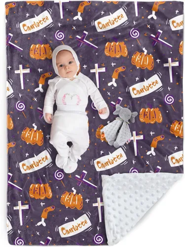 Miniatura 21 de Manta de Halloween personalizada, diseños de dibujos animados con nombre personalizable, manta de franela de felpa suave con respaldo punteado