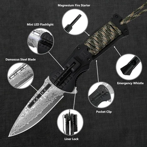 Miniatura 4 de XIPHIAS Damascus XK039DA - Cuchillo de supervivencia 6 en 1, multiherramienta plegable con luz LED, arrancador de fuego, silbato y paracaídas, clip