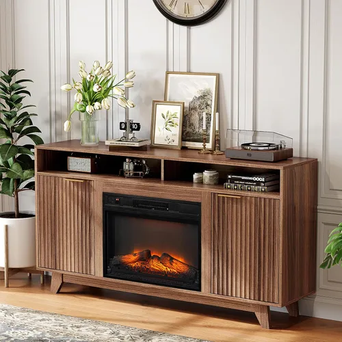 Miniatura 14 de VINGLI - Soporte de TV con chimenea para televisores de hasta 70 pulgadas, centro de entretenimiento acanalado con calefacción eléctrica y estantes