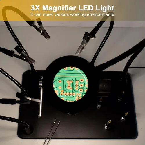 Miniatura 6 de Manos magnéticas que ayudan a soldar tercera mano, soporte para placa de circuito PCB con lámpara de aumento LED 3X, soporte para pistola de aire